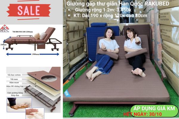 Giường gấp Hàn Quốc RAKUBED rộng 1,2m. Giá KM áp dụng đến 30/10