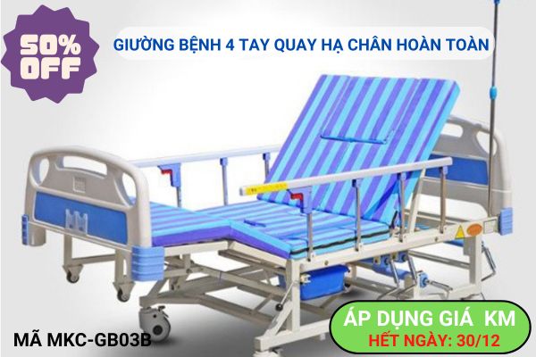 Giường bệnh đa năng MKC-Medical 4 tay quay hạ chân hoàn toàn.