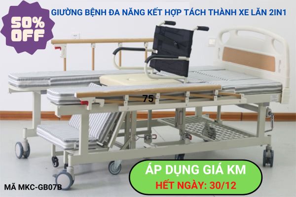 Giường bệnh đa năng tách thành xe lăn.